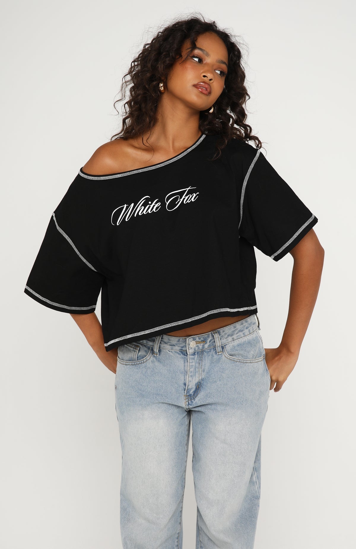 White Fox Need More Time Off Shoulder Oversized Tee Black