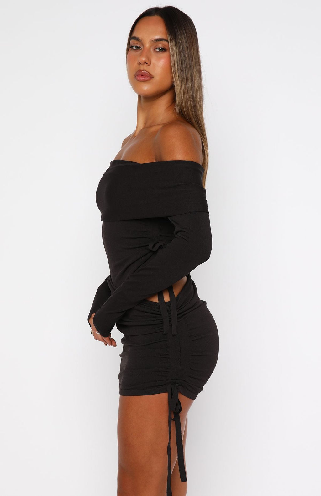 White Fox Sweet Sting Long Sleeve Mini Dress Chocolate
