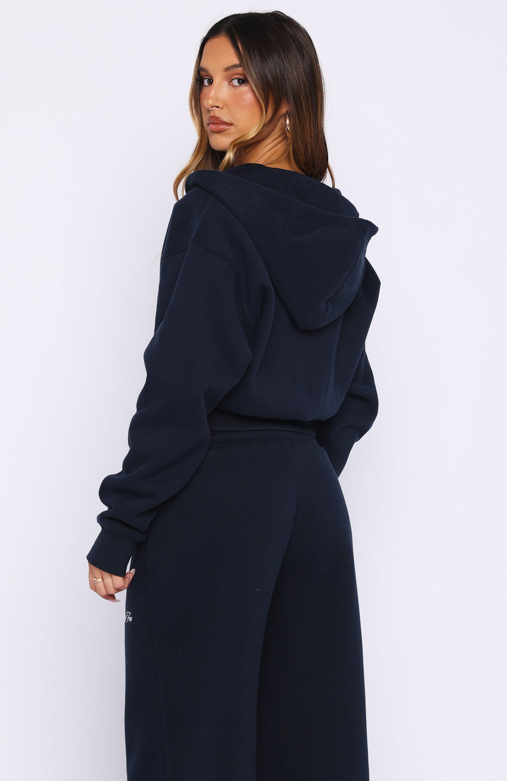 White Fox Wishing For It Cropped Cinched Zip Front Hoodie Navy