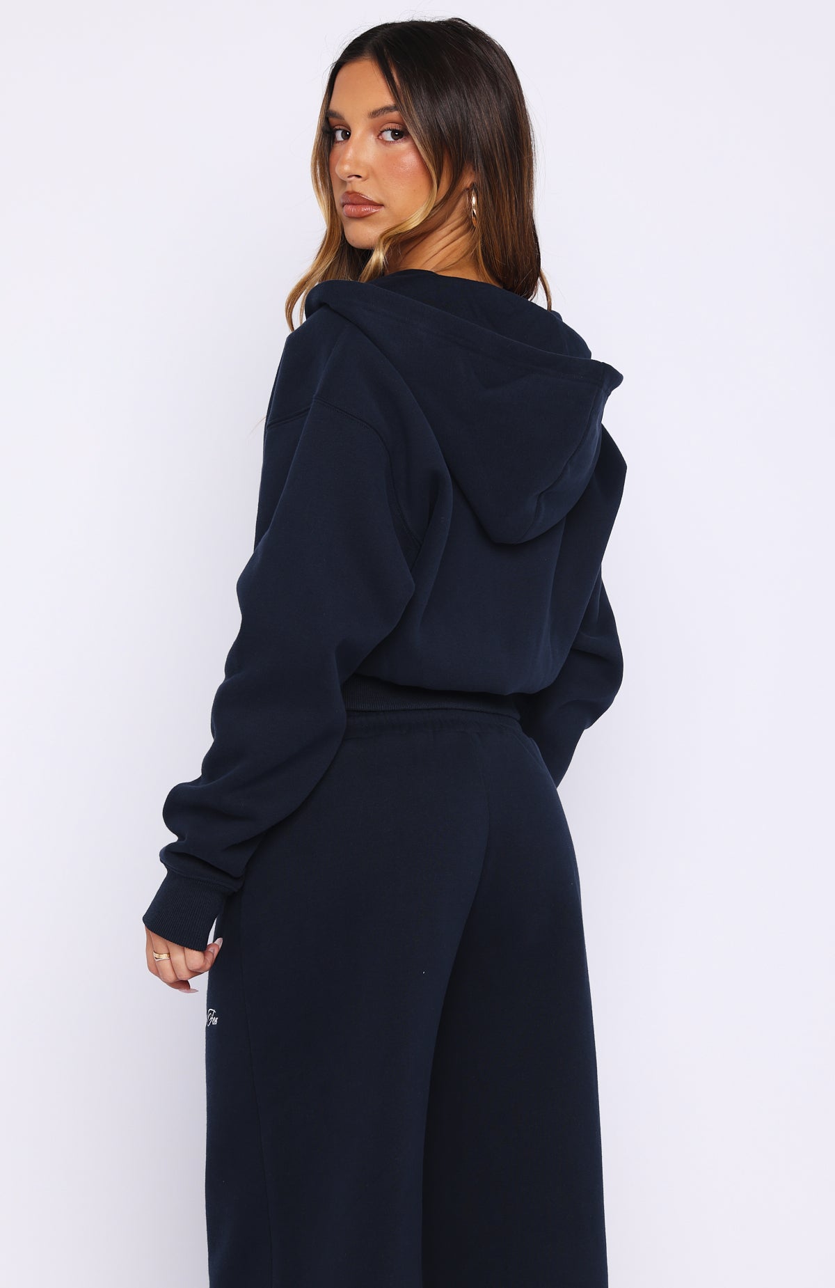 White Fox Wishing For It Cropped Cinched Zip Front Hoodie Navy