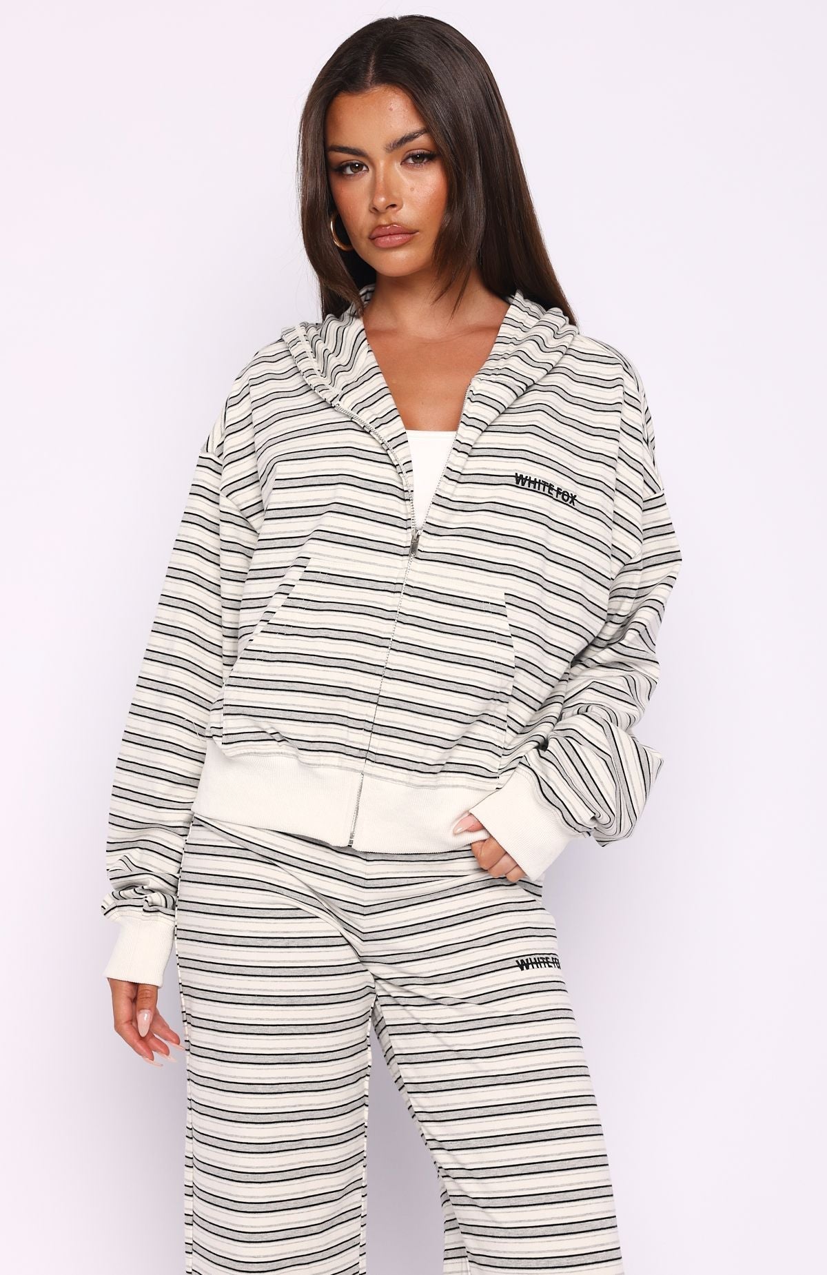 White Fox Looking Back Boxy Zip Front Hoodie White Stripe