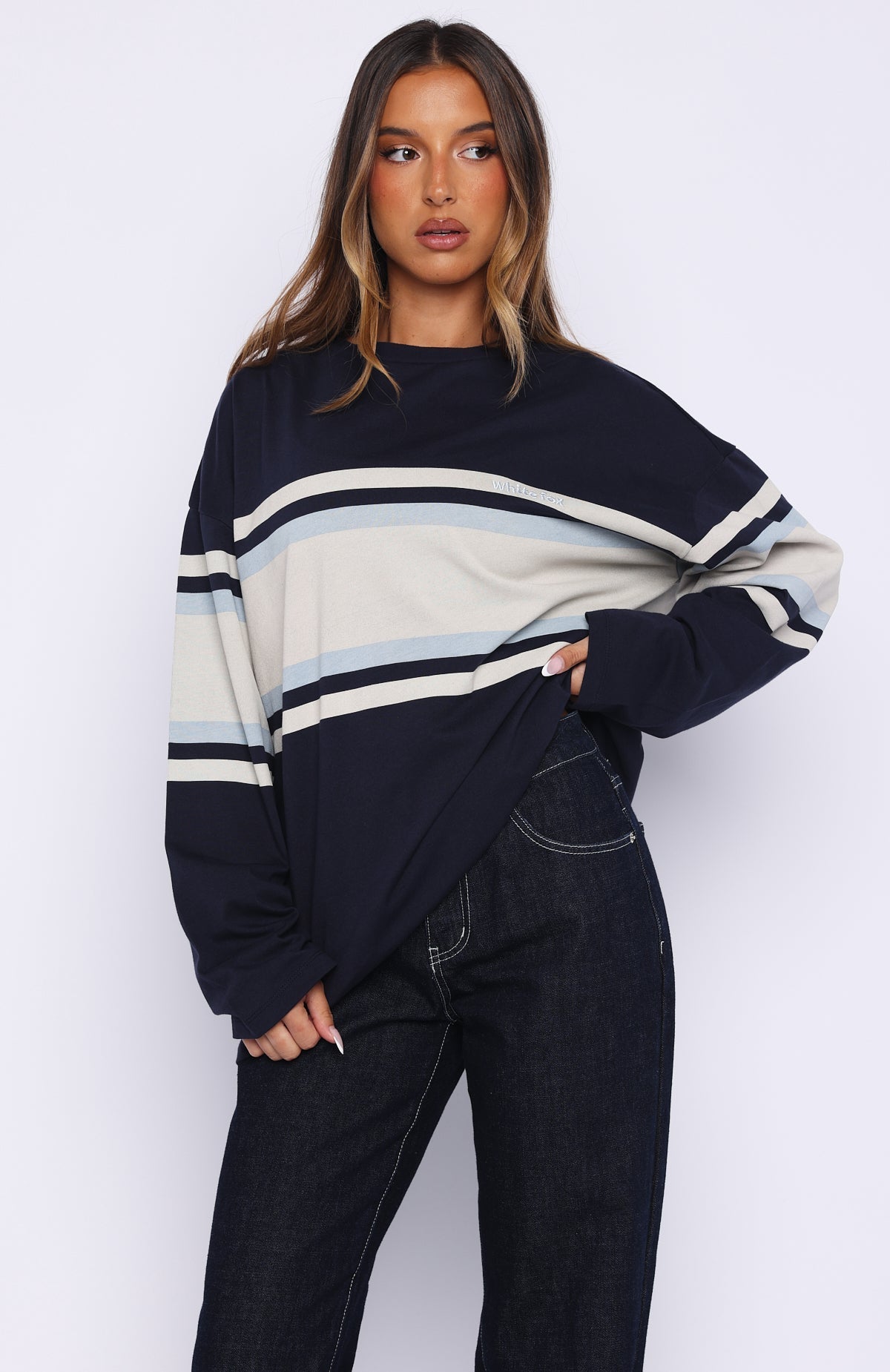 White Fox Too Cool For You Oversized Long Sleeve Tee Navy