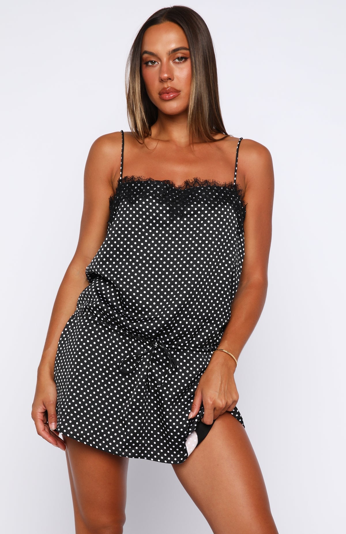 White Fox Lustre Aura Mini Dress Black/White Polka Dot