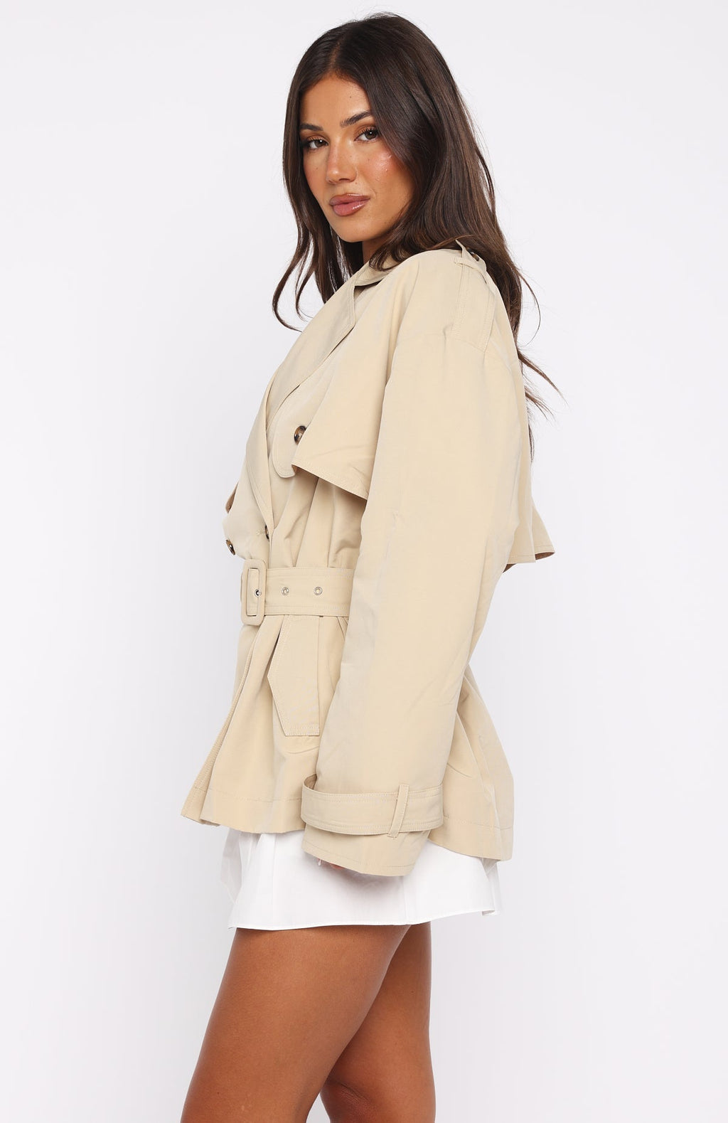 White Fox She's Popular Cropped Trench Sand