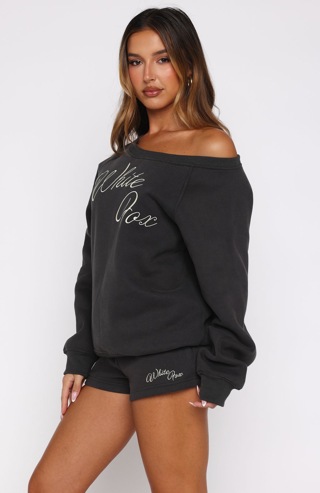 White Fox Lucky Thirteen Elsa Off Shoulder Sweater Charcoal