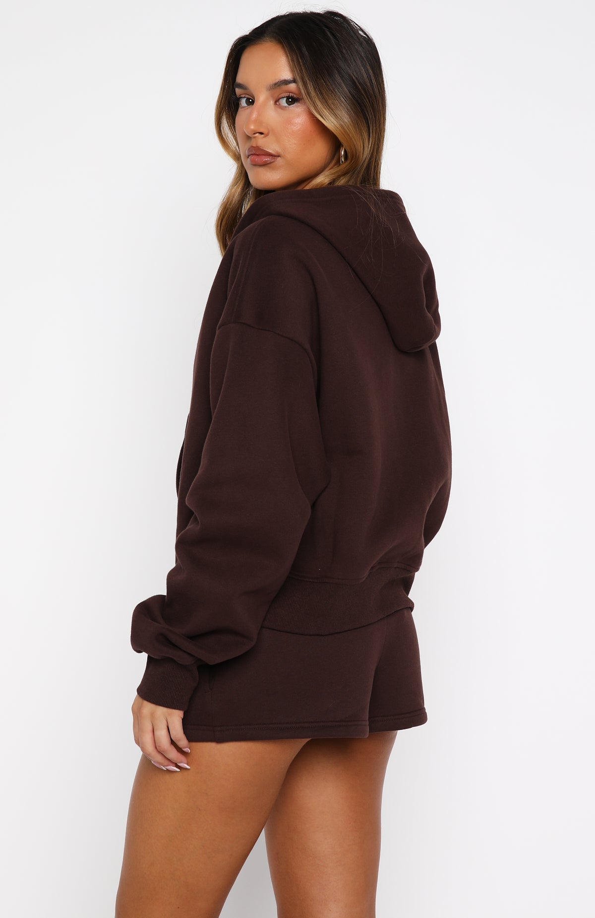 White Fox Test Drive Boxy Zip Front Hoodie Chocolate