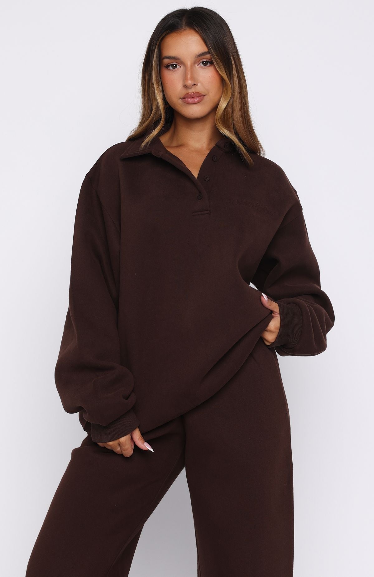 White Fox Chill Moves Oversized Henley Sweater Chocolate