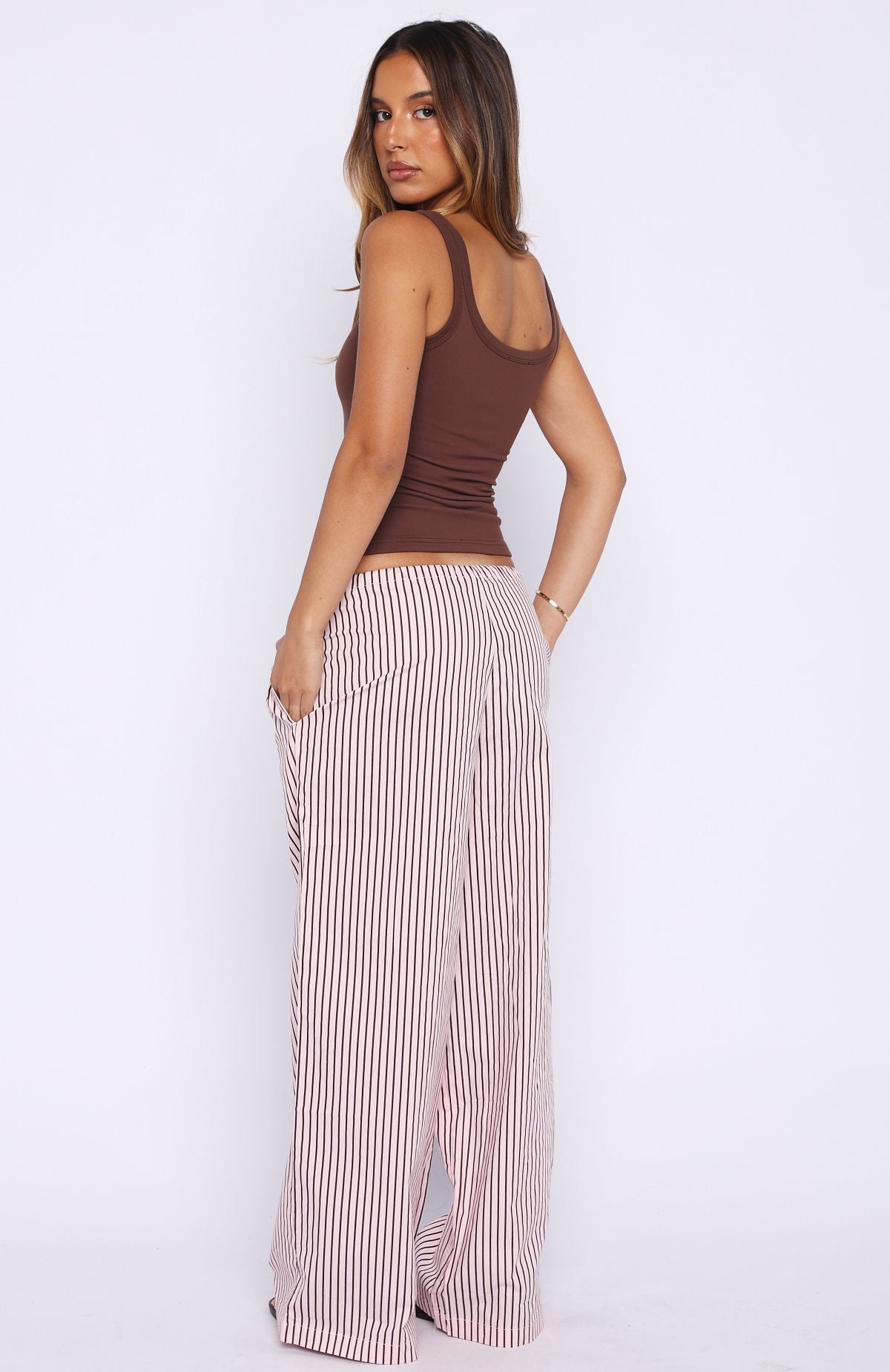 White Fox The Sweetest Love Drawstring Pants Pink/Chocolate Stripe