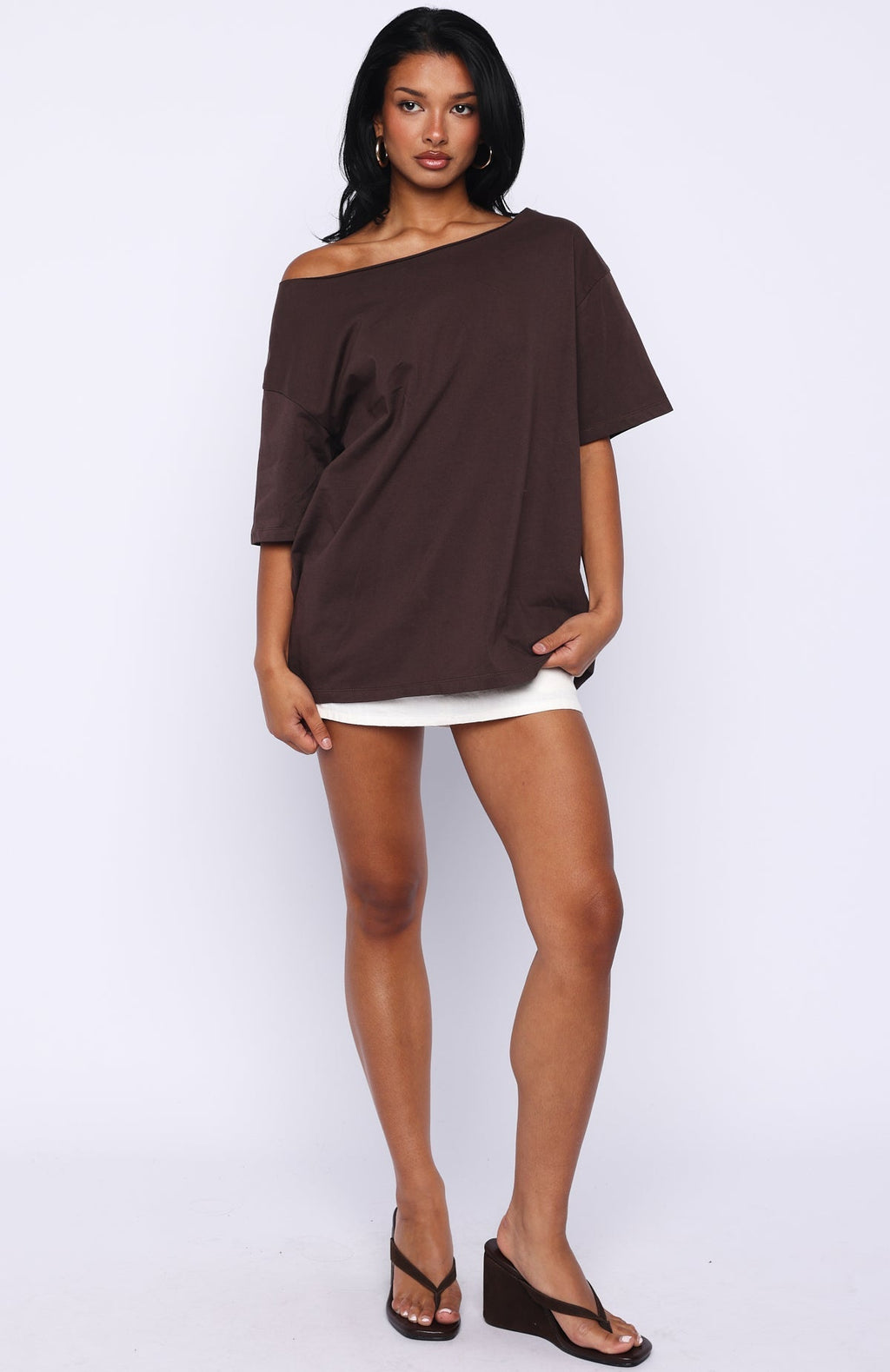 White Fox Give Me Options Off Shoulder Tee Chocolate