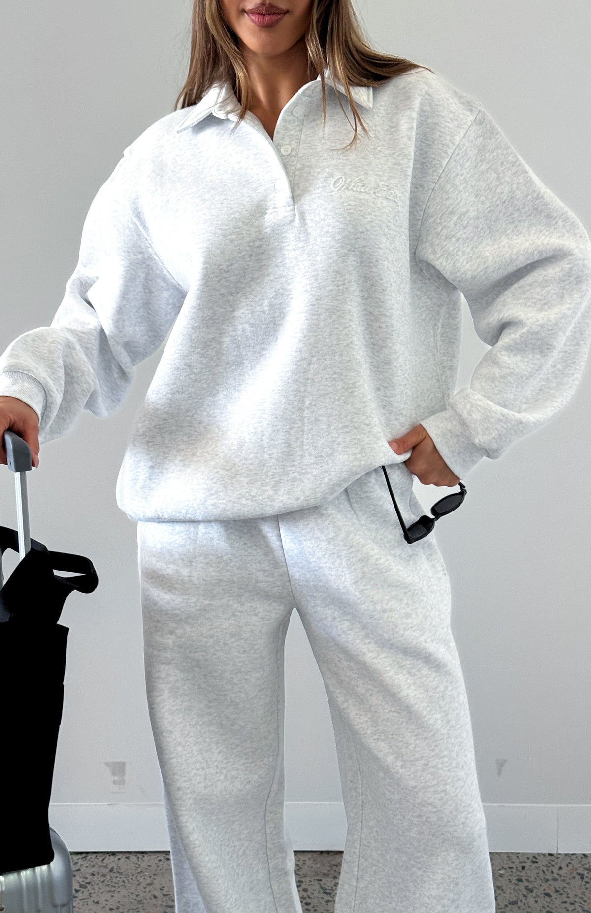 White Fox Chill Moves Oversized Henley Sweater Grey Marle