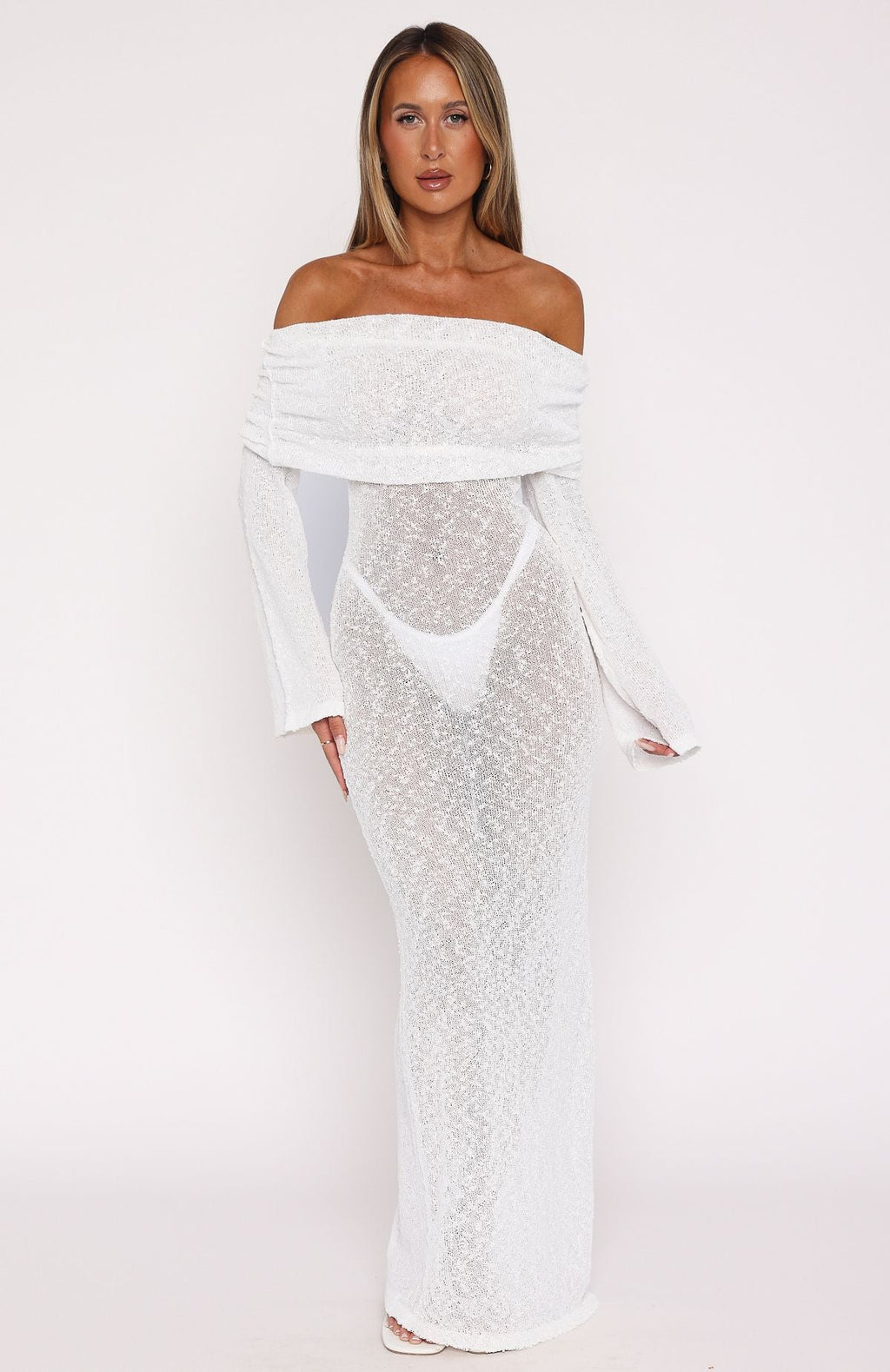 White Fox Made It Out Long Sleeve Boucle Maxi Dress White