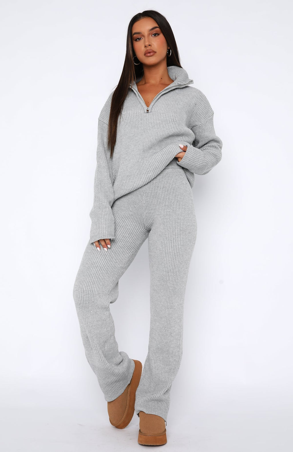 White Fox Let's Get Cosy Knit Pants Grey Marle