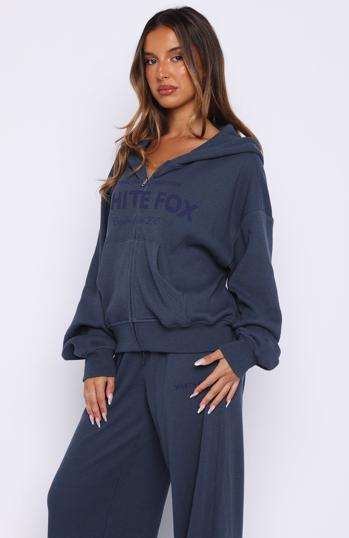 White Fox Leave Me Out Of It Waffle Boxy Zip Front Hoodie Navy