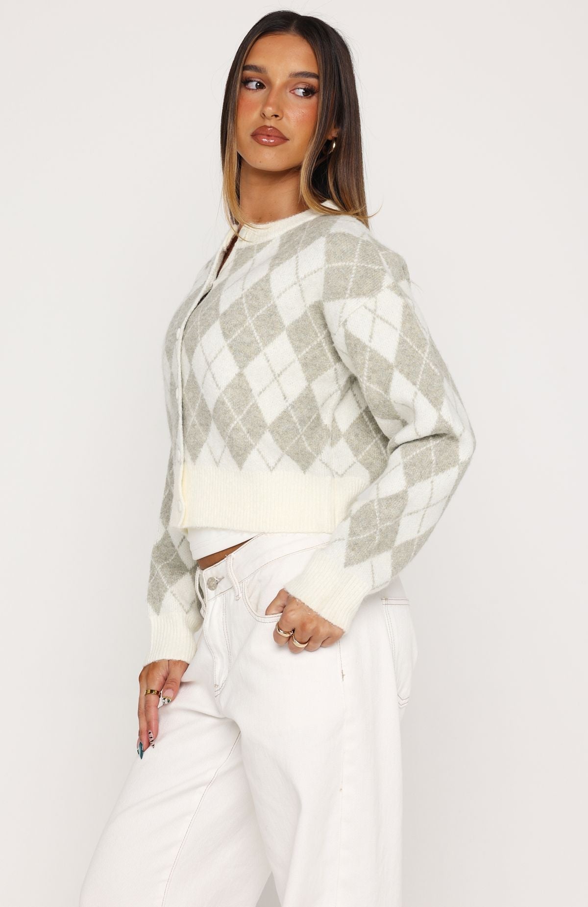 White Fox Beaufort Argyle Knit Cardigan Sage/Cream
