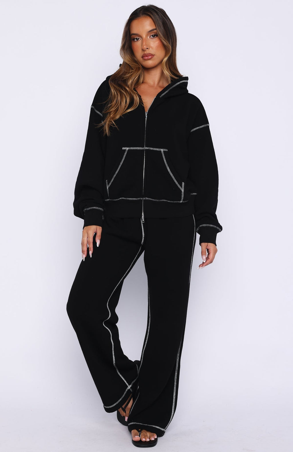White Fox Flashing By Boxy Zip Front Hoodie Black