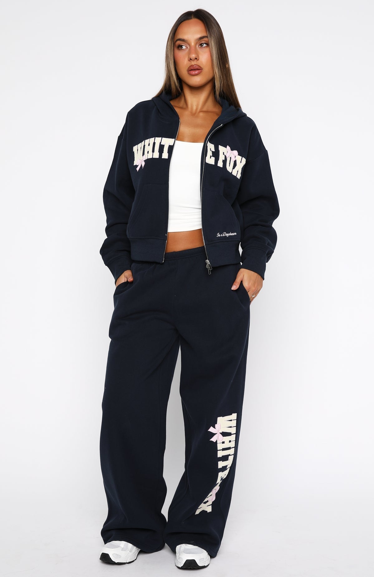 White Fox Daydreamers Madeline Boxy Zip Front Hoodie Navy