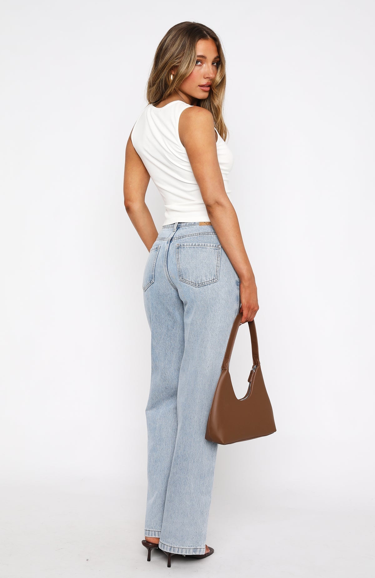 White Fox Layla Mid Rise Straight Leg Jeans Light Blue Wash