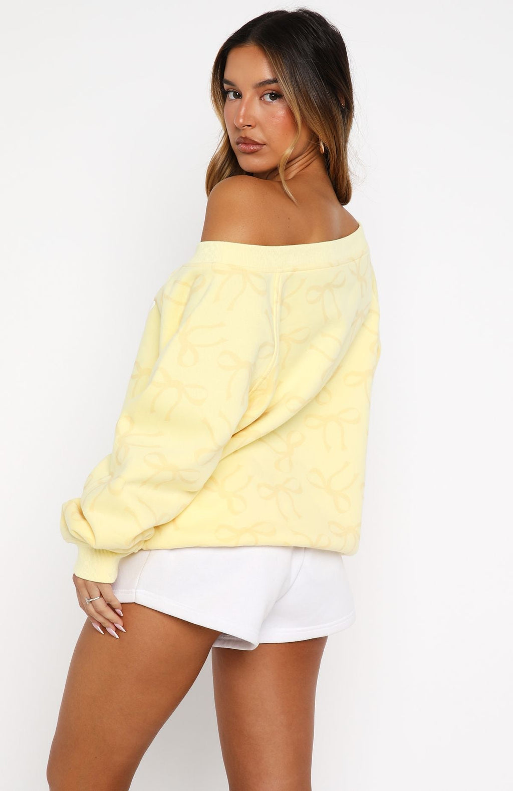 White Fox Vol. 1 Off Shoulder Printed Sweater Lemon Bow