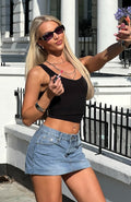 White Fox Know It All Low Rise Denim Mini Skirt Mid Blue