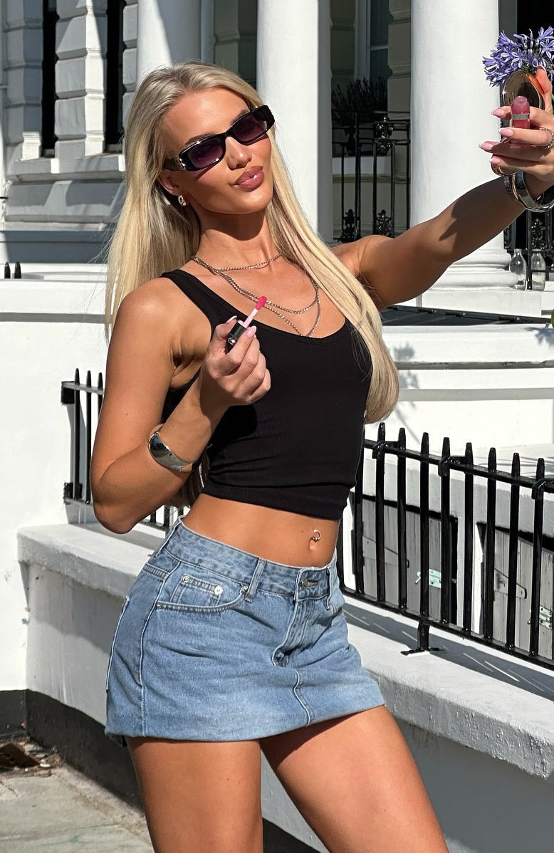White Fox Know It All Low Rise Denim Mini Skirt Mid Blue