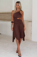 White Fox Tie Me Down One Shoulder Midi Dress Chocolate