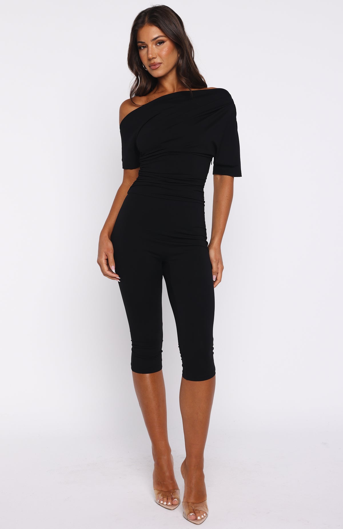 White Fox Brunch Dates Off Shoulder Jumpsuit Black