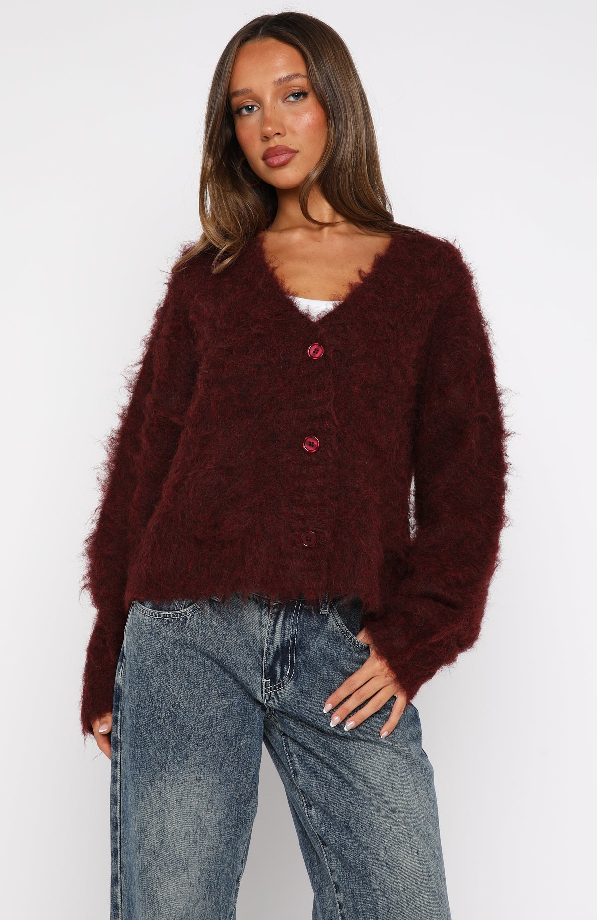 White Fox Cozy Vibes Knit Cardigan Bordeaux