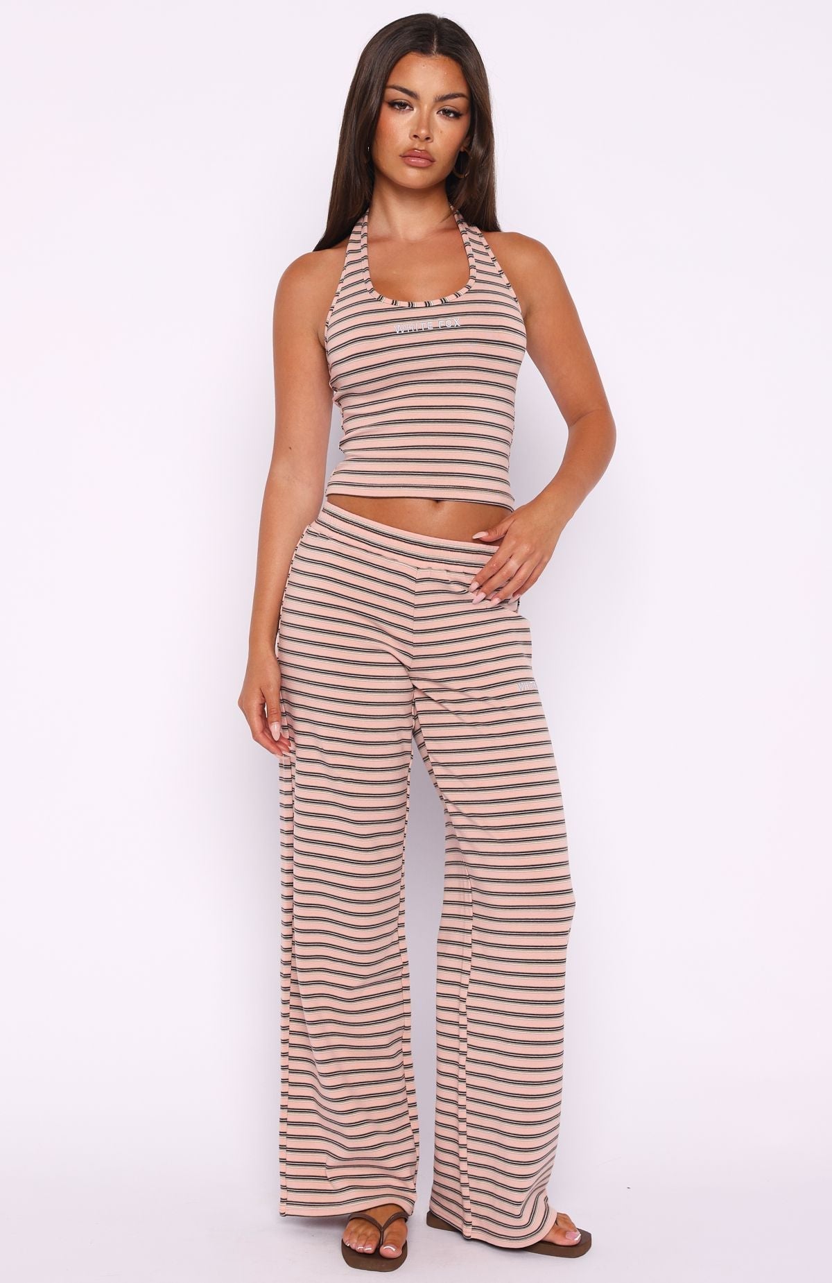 White Fox Looking Back Wide Leg Pants Pink Stripe