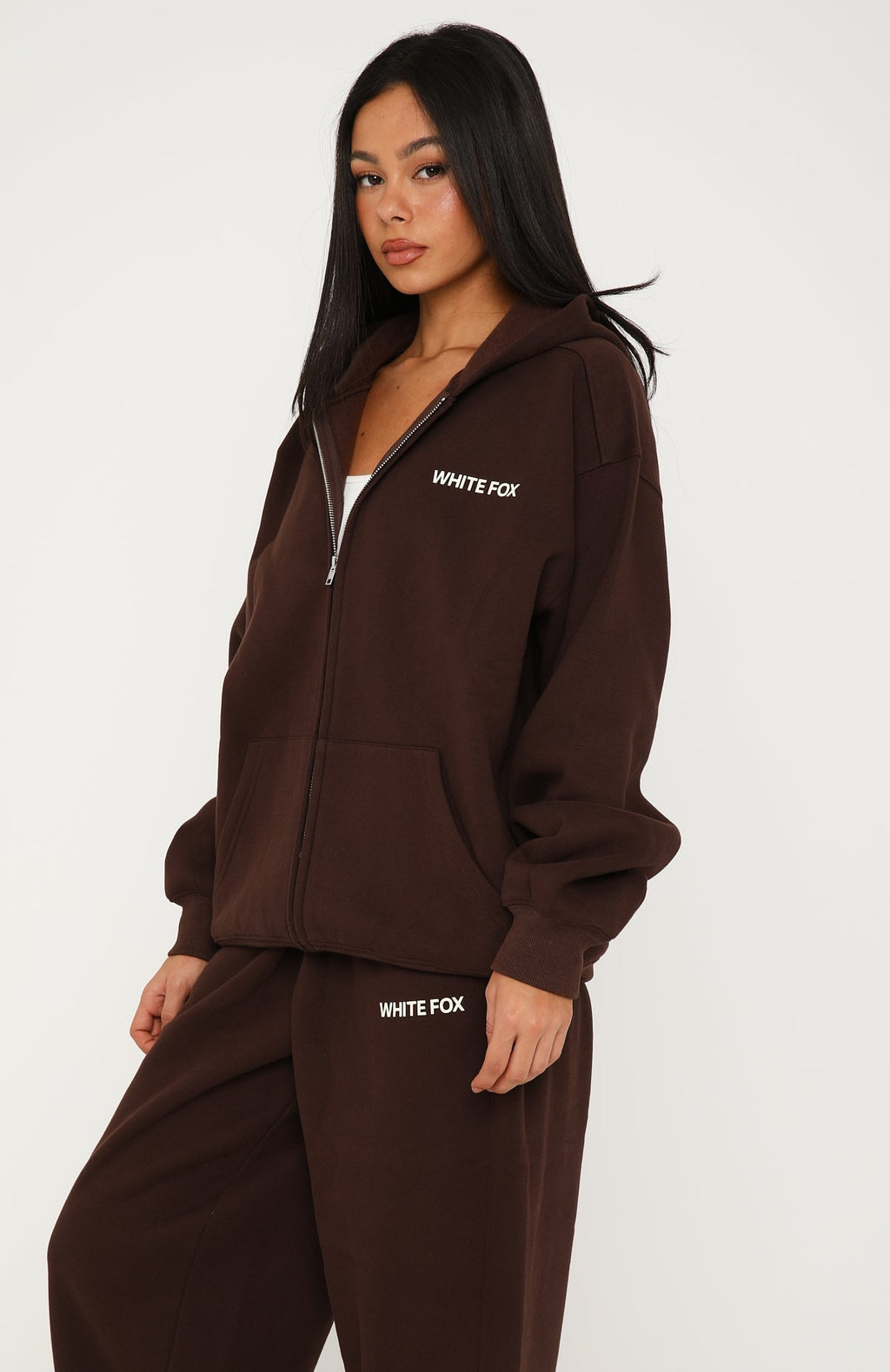 White Fox Core Classic Zip Front Hoodie Chocolate