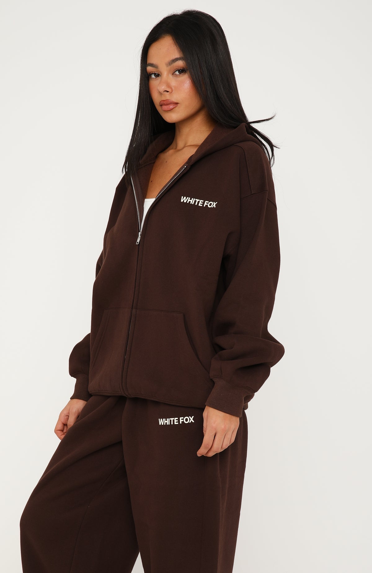White Fox Core Classic Zip Front Hoodie Chocolate