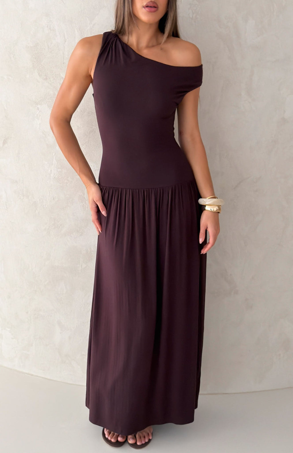 White Fox Don't Ask Off Shoulder Maxi Dress Dark Chocolate