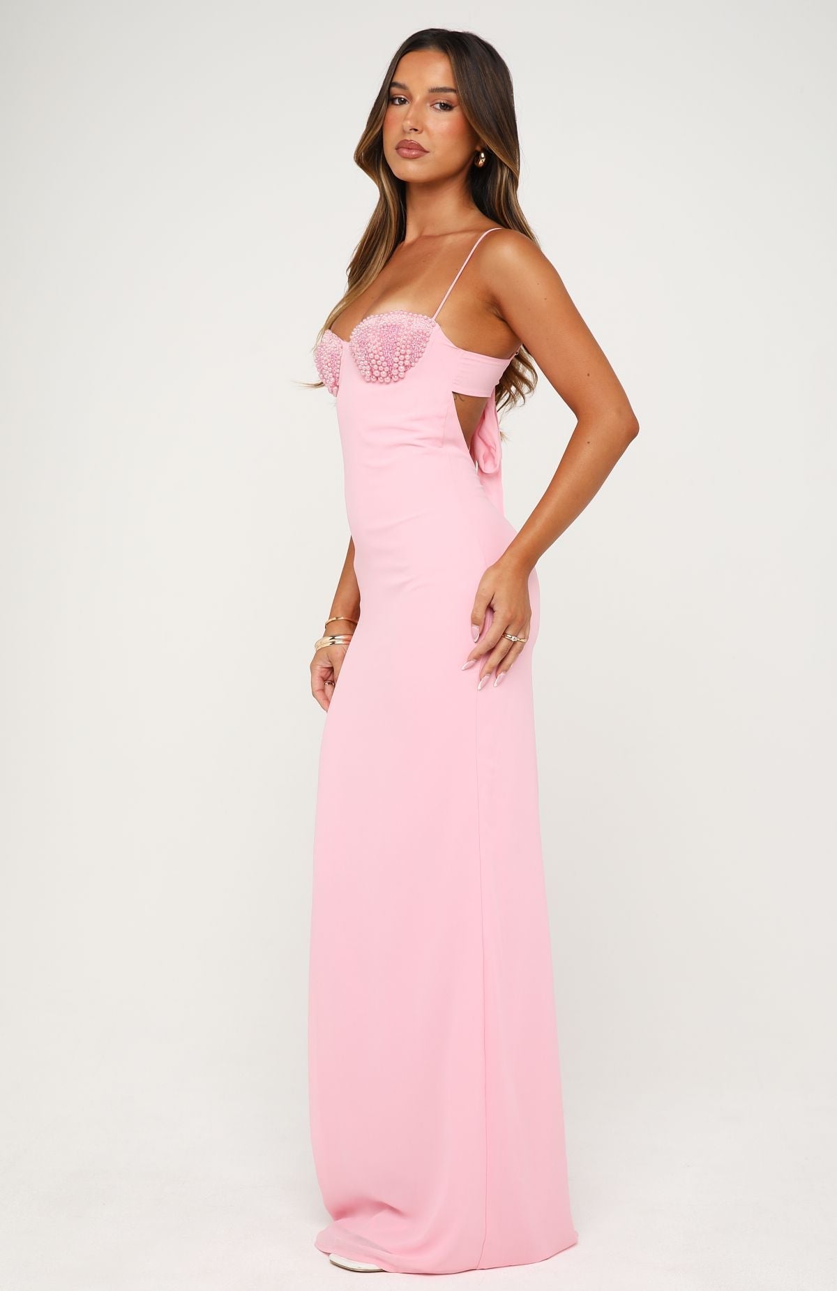 White Fox Motel Mermaid Beaded Maxi Dress Candy Pink