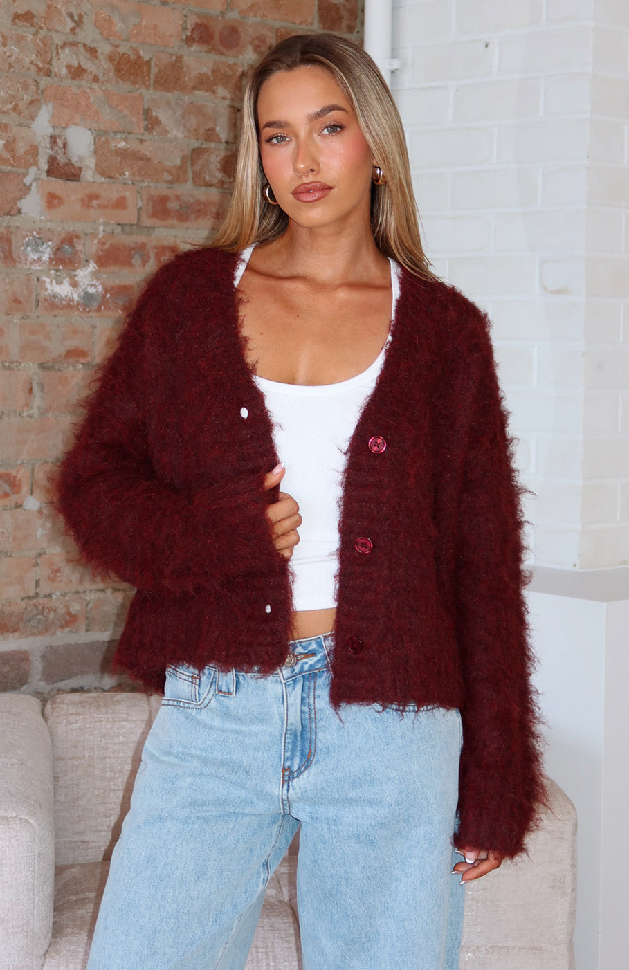White Fox Cozy Vibes Knit Cardigan Bordeaux
