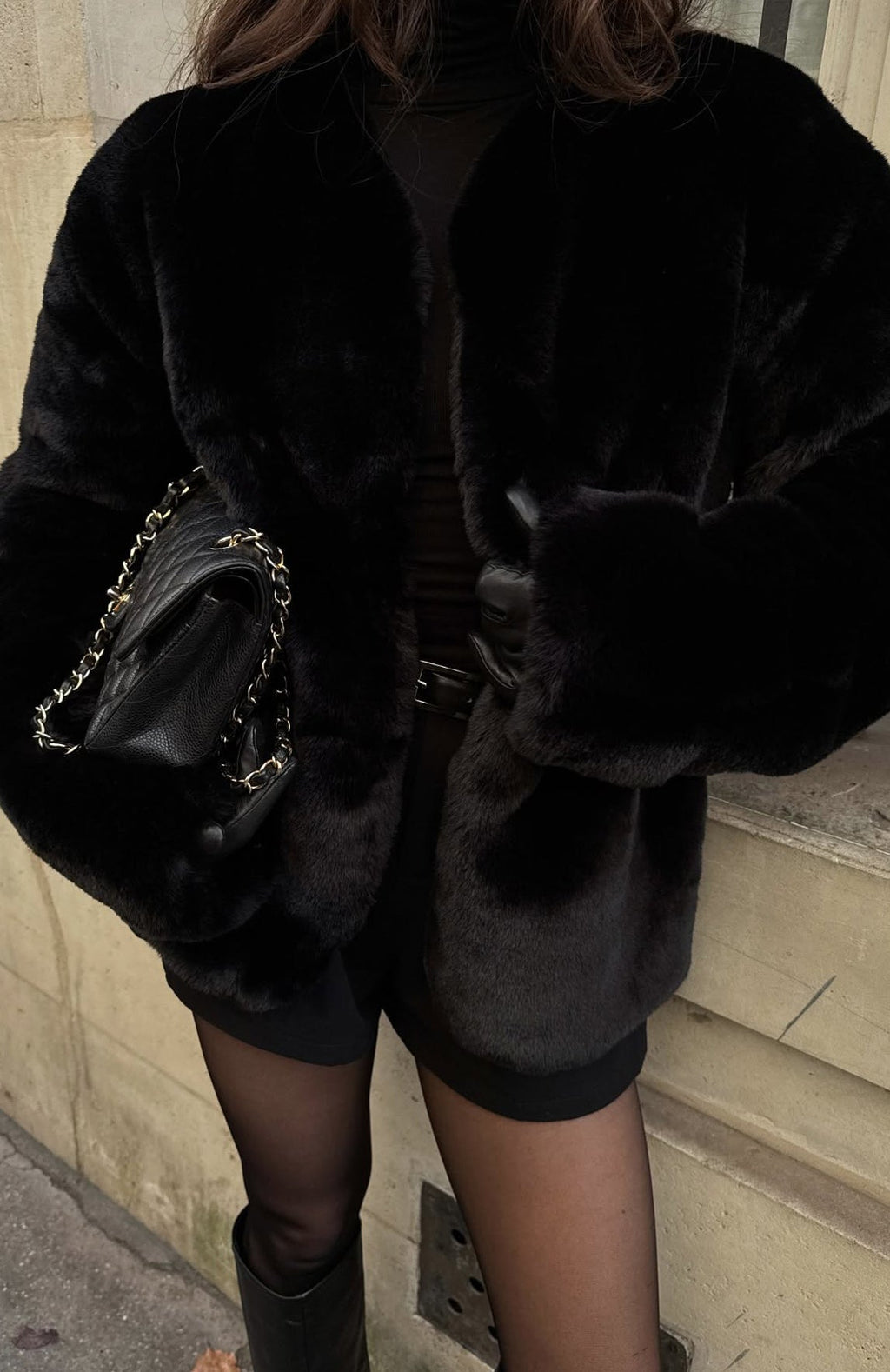 White Fox Happy Holidays Faux Fur Jacket Black