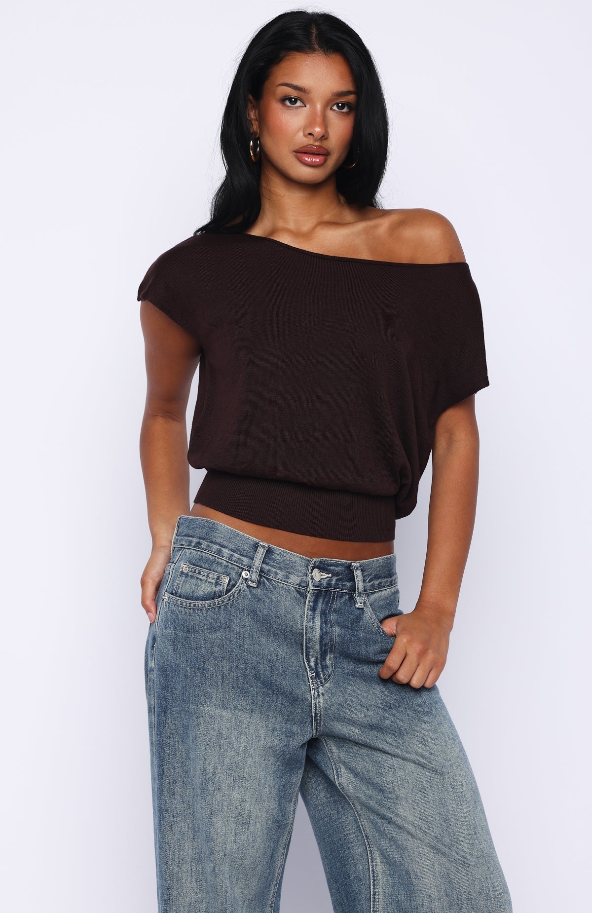White Fox Can't Change My Mind Off Shoulder Cinched Top Chocolate