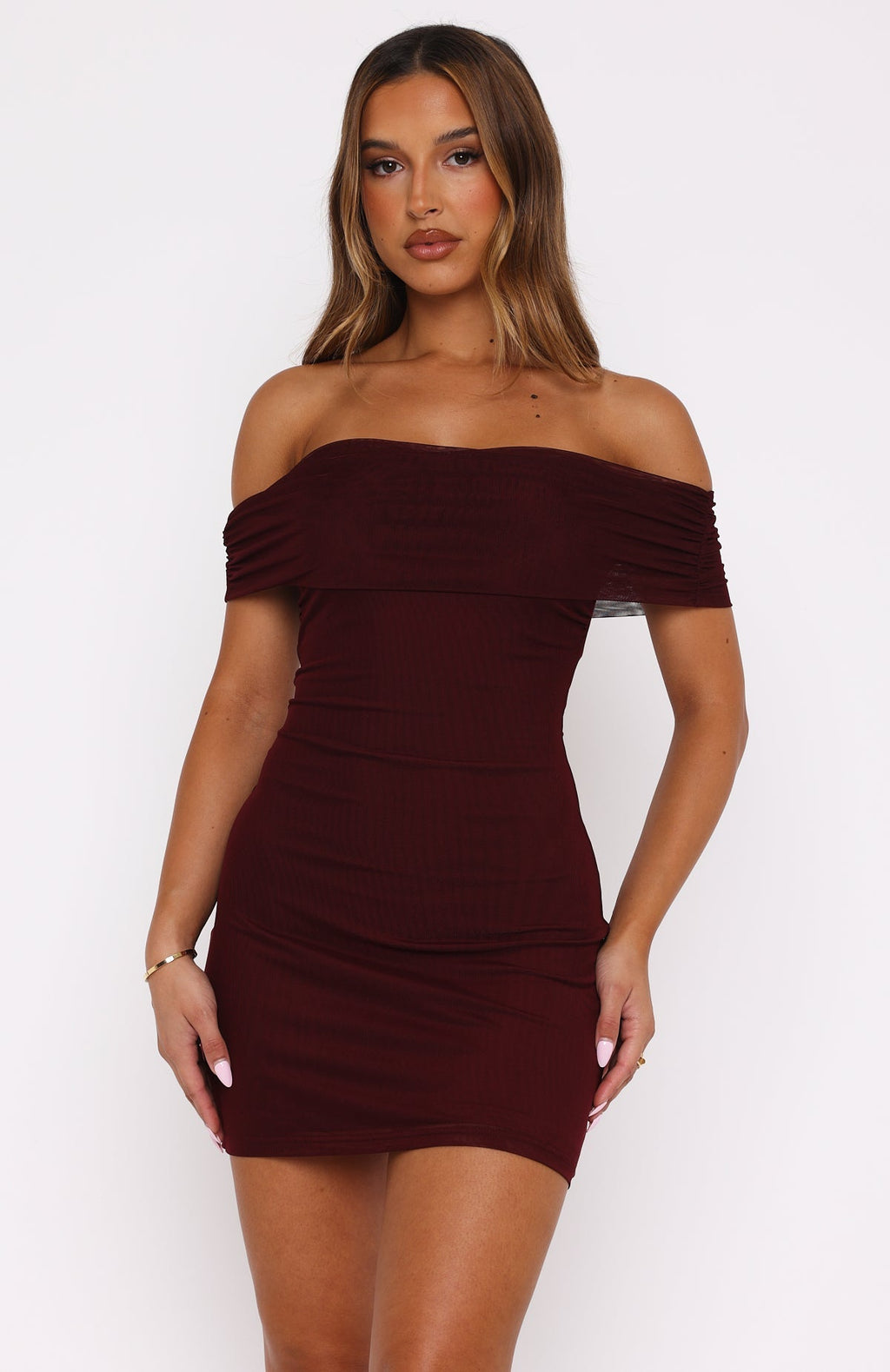 White Fox Got The Talent Off Shoulder Mini Dress Burgundy