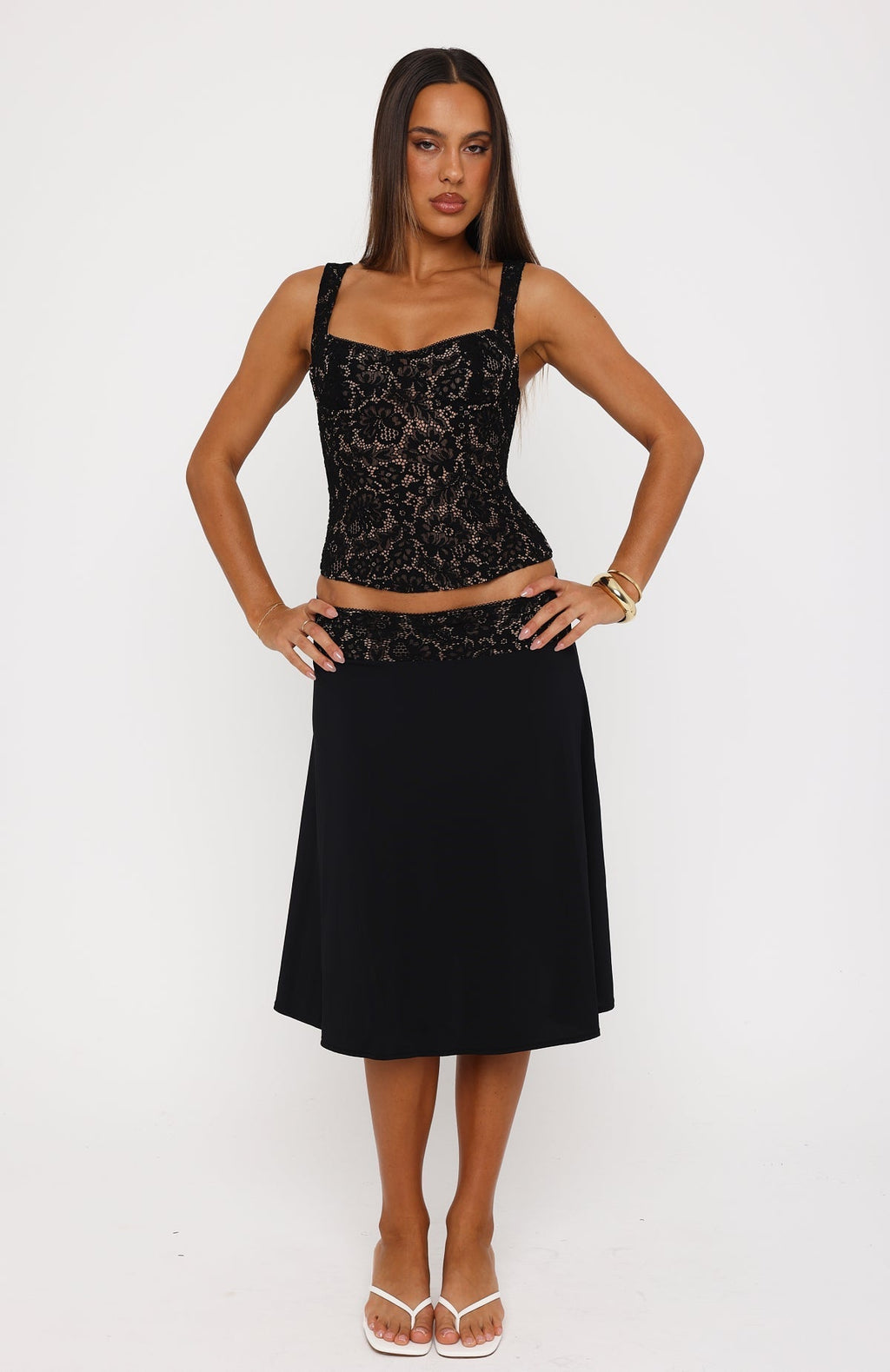 White Fox Promise Kept Lace Midi Skirt Black