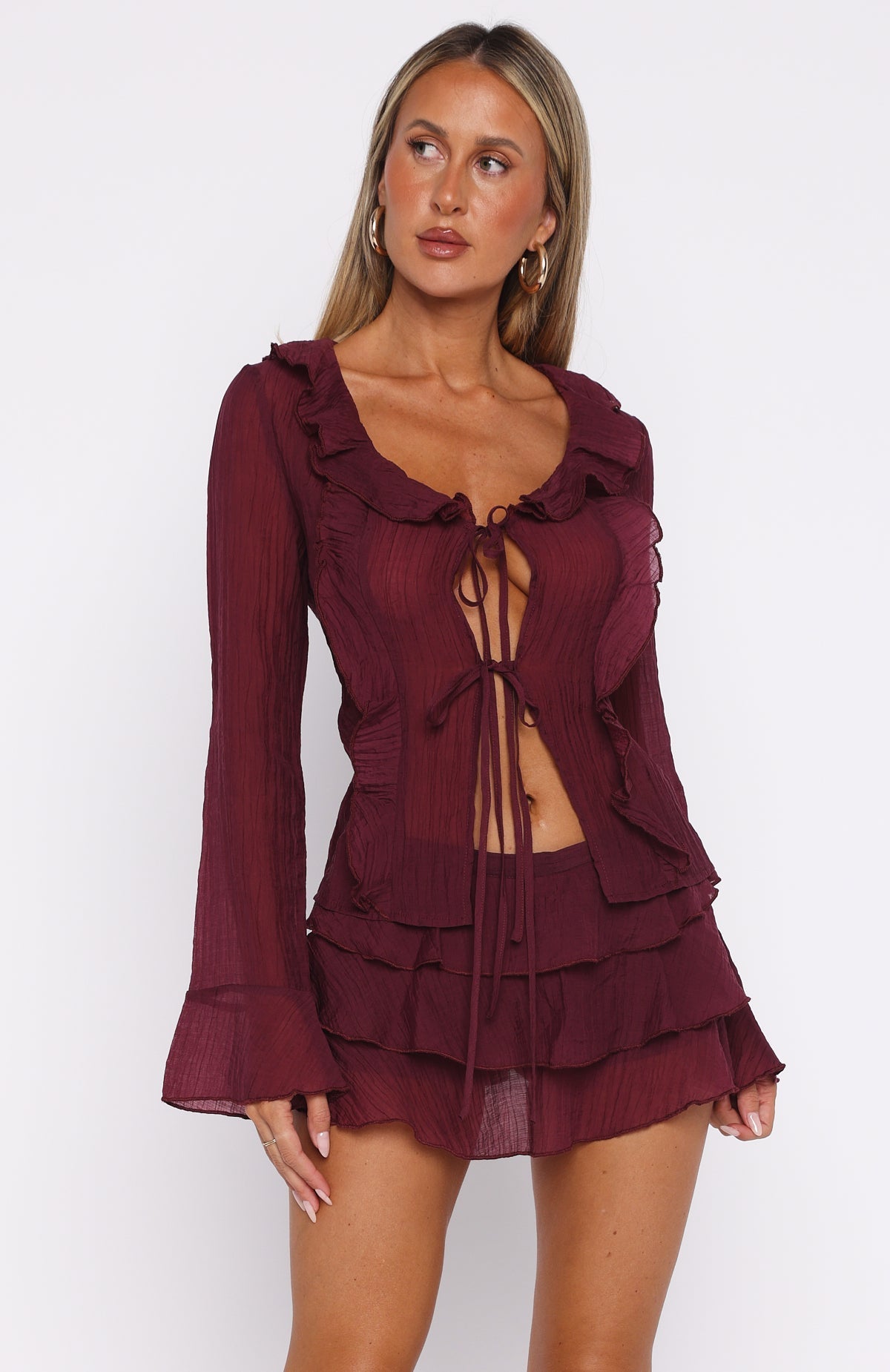 White Fox Your Status Long Sleeve Blouse Burgundy