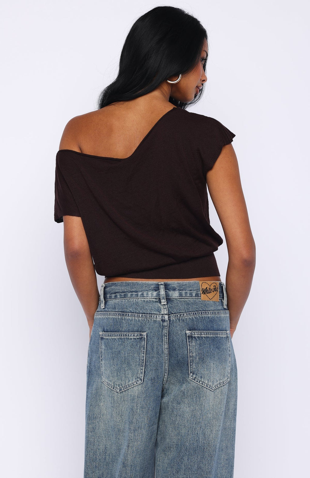 White Fox Can't Change My Mind Off Shoulder Cinched Top Chocolate
