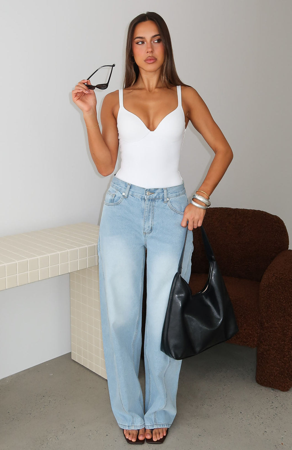 White Fox Jessica Mid Rise Barrel Leg Jeans Light Blue Wash