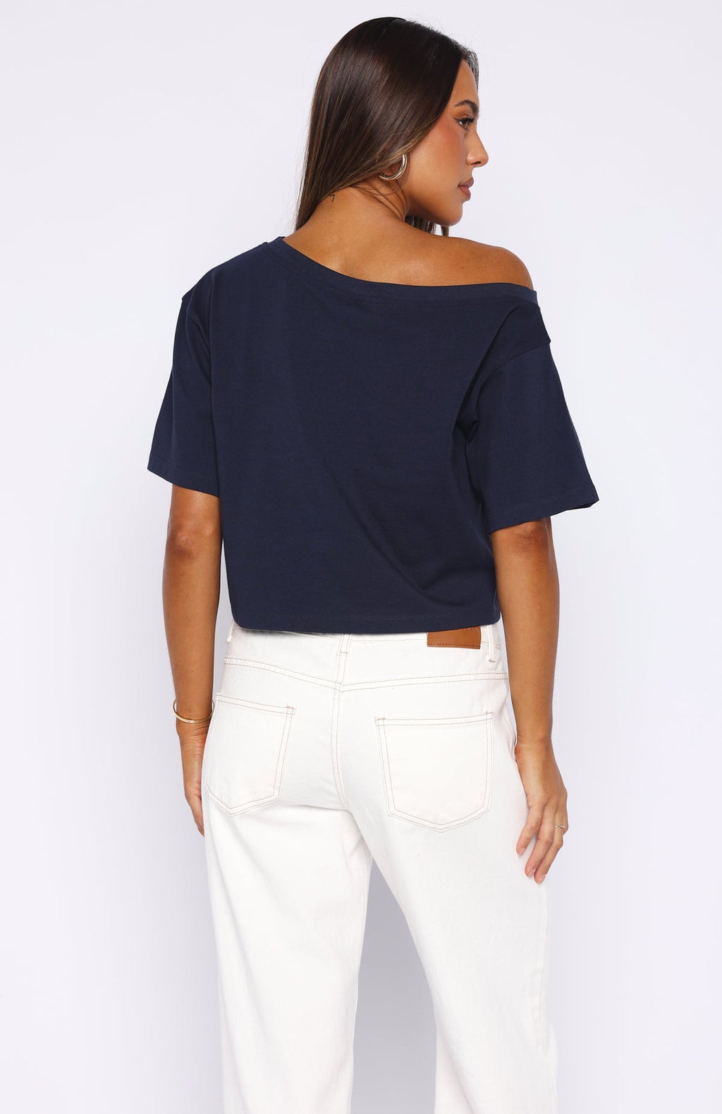 White Fox I've Got That Feeling Boxy Off Shoulder Tee Navy