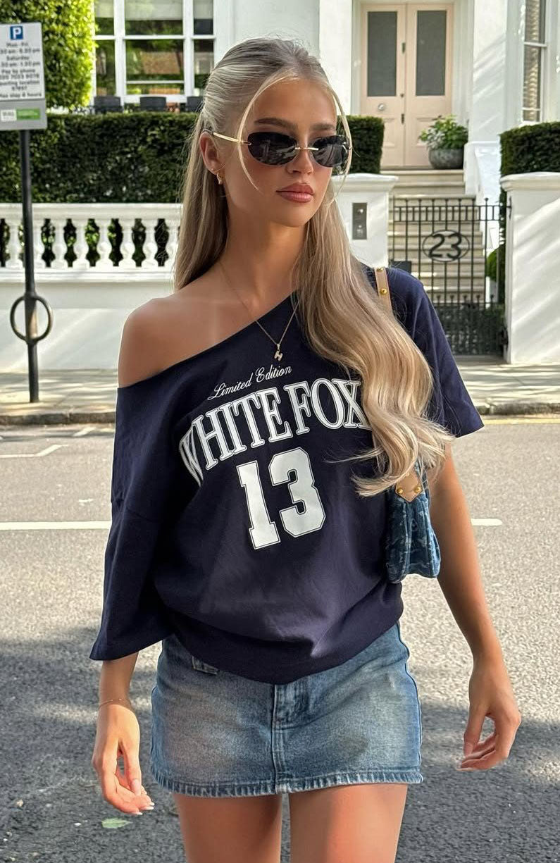 White Fox Everything In Time Off Shoulder Oversized Tee Navy