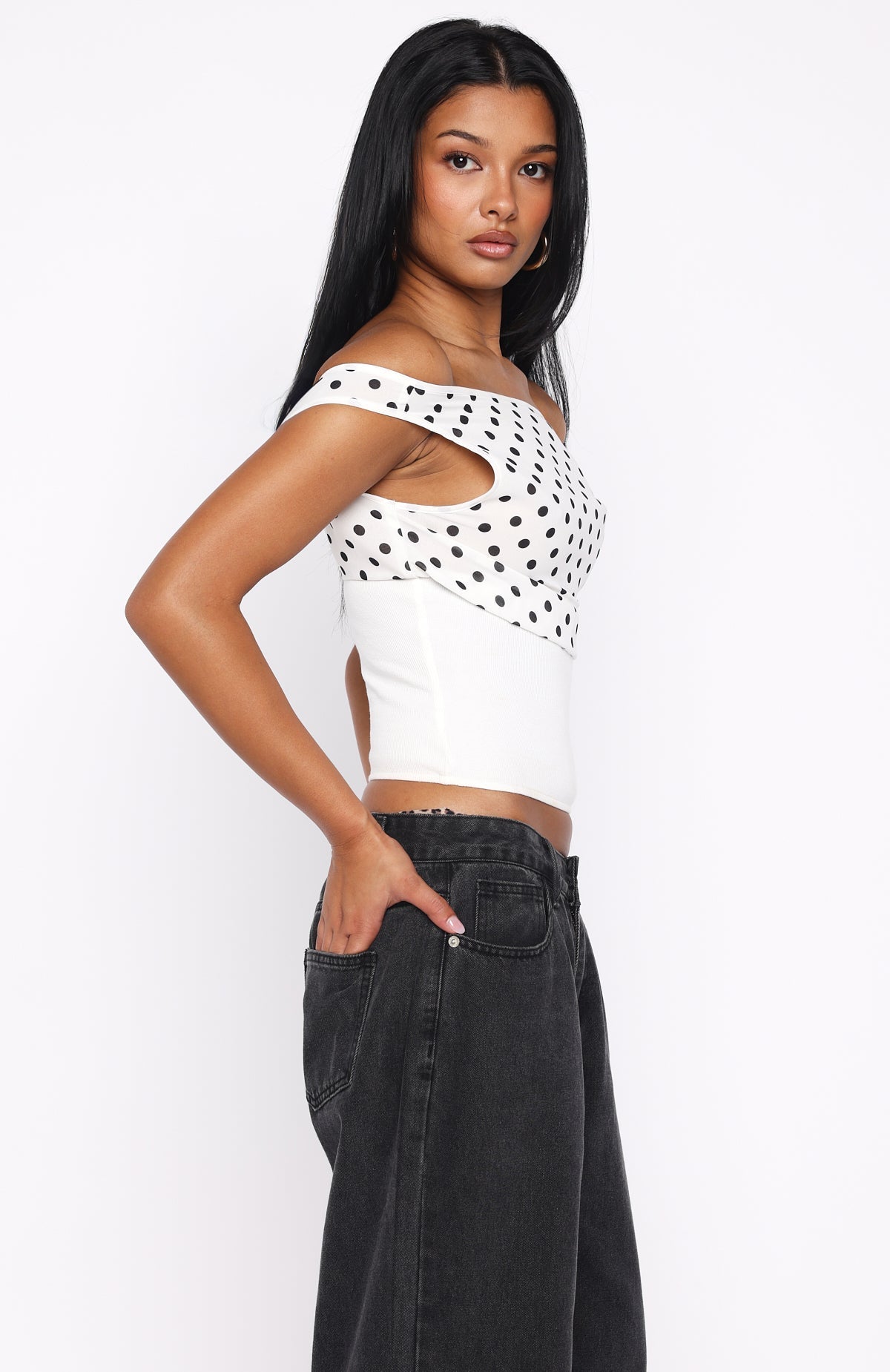 White Fox Cherry Charm Cinched Waist Top White Polka Dot