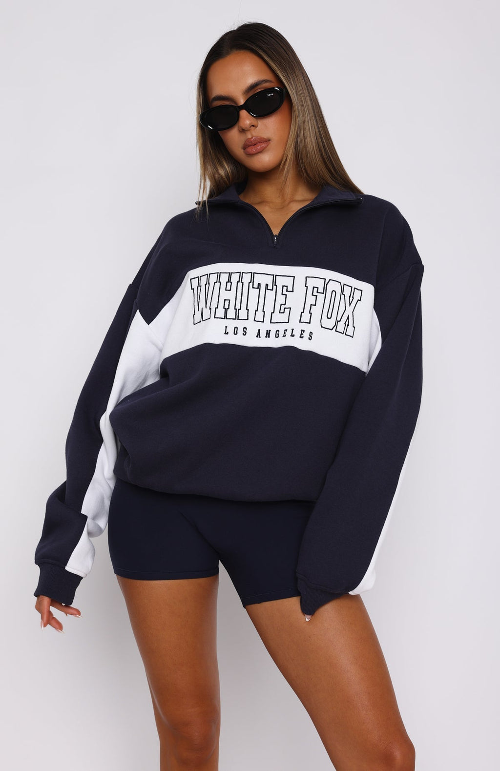 White Fox Jokes On You Zip Front Sweater Navy
