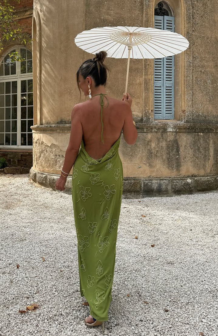 White Fox Slow Dancer Beaded Maxi Dress Green Tea