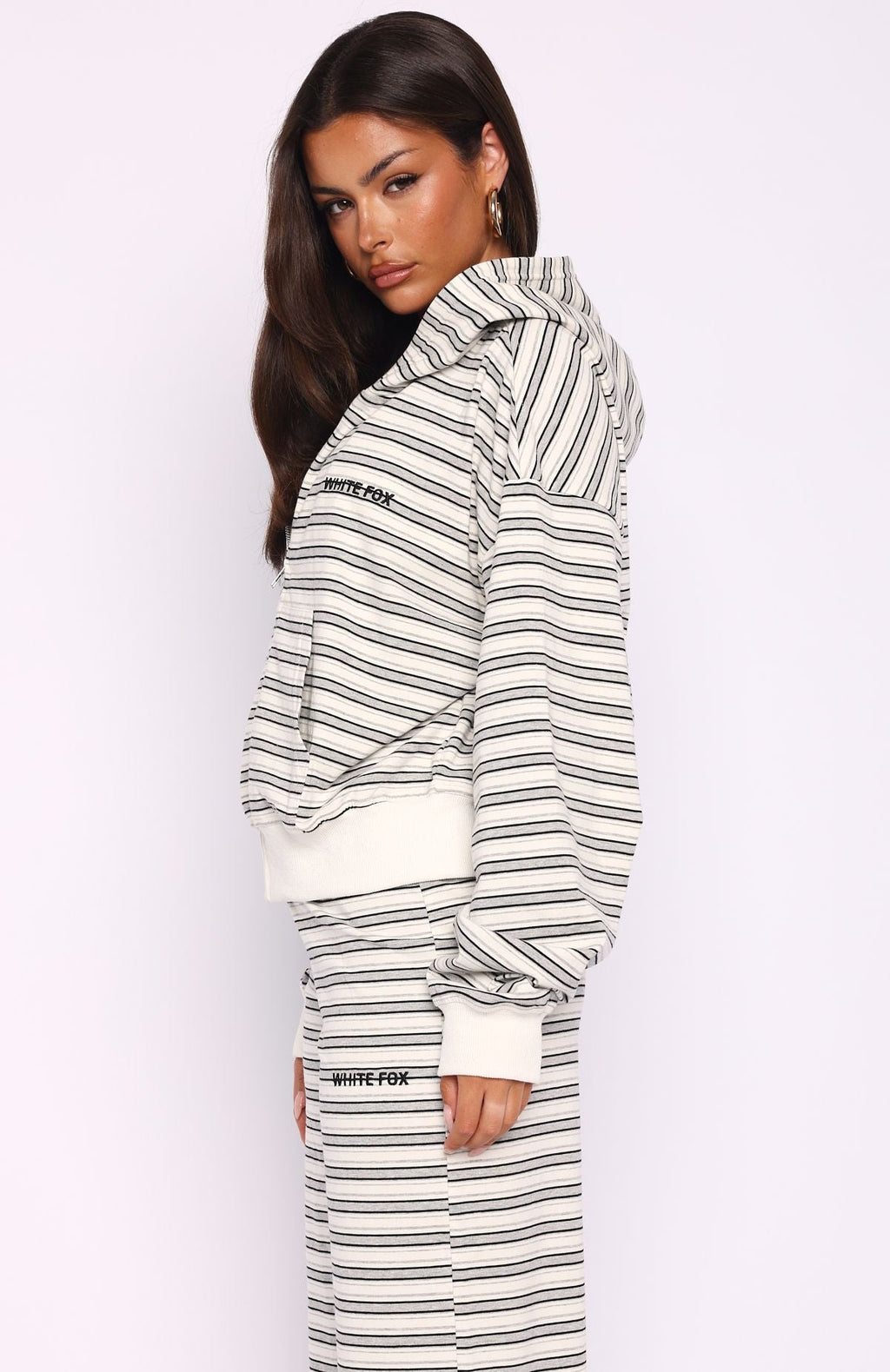 White Fox Looking Back Boxy Zip Front Hoodie White Stripe