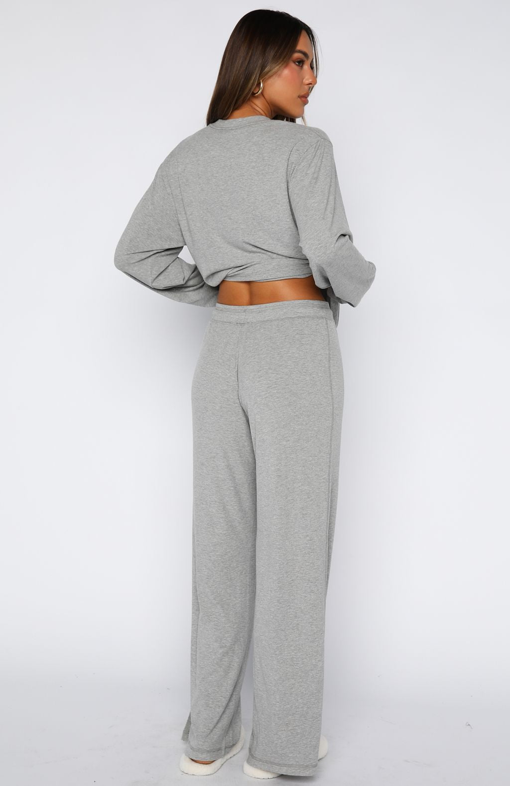 White Fox Come A Long Way Soft Lounge Ribbed Wide Leg Pants Grey Marle