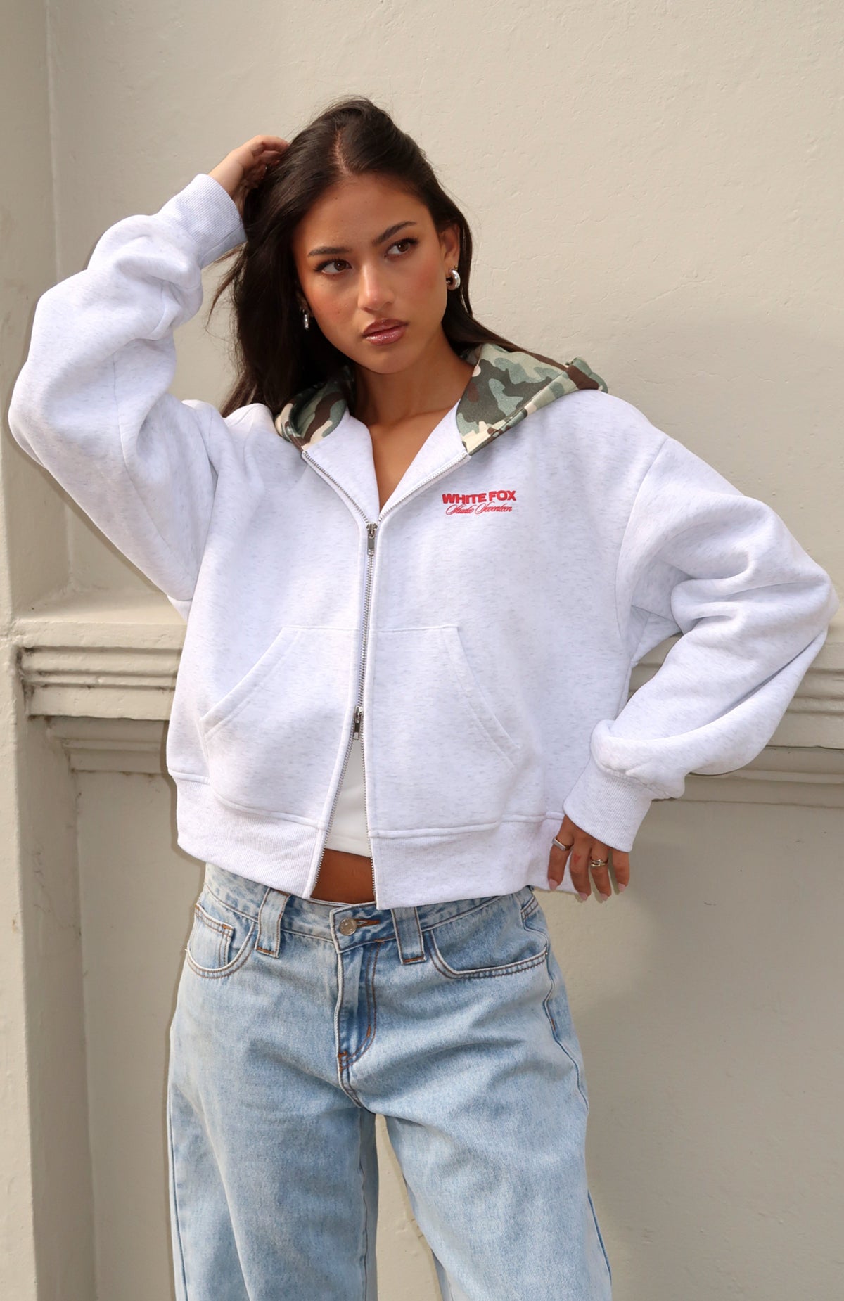 White Fox Studio 17 Winona Boxy Zip Front Hoodie Grey Marle