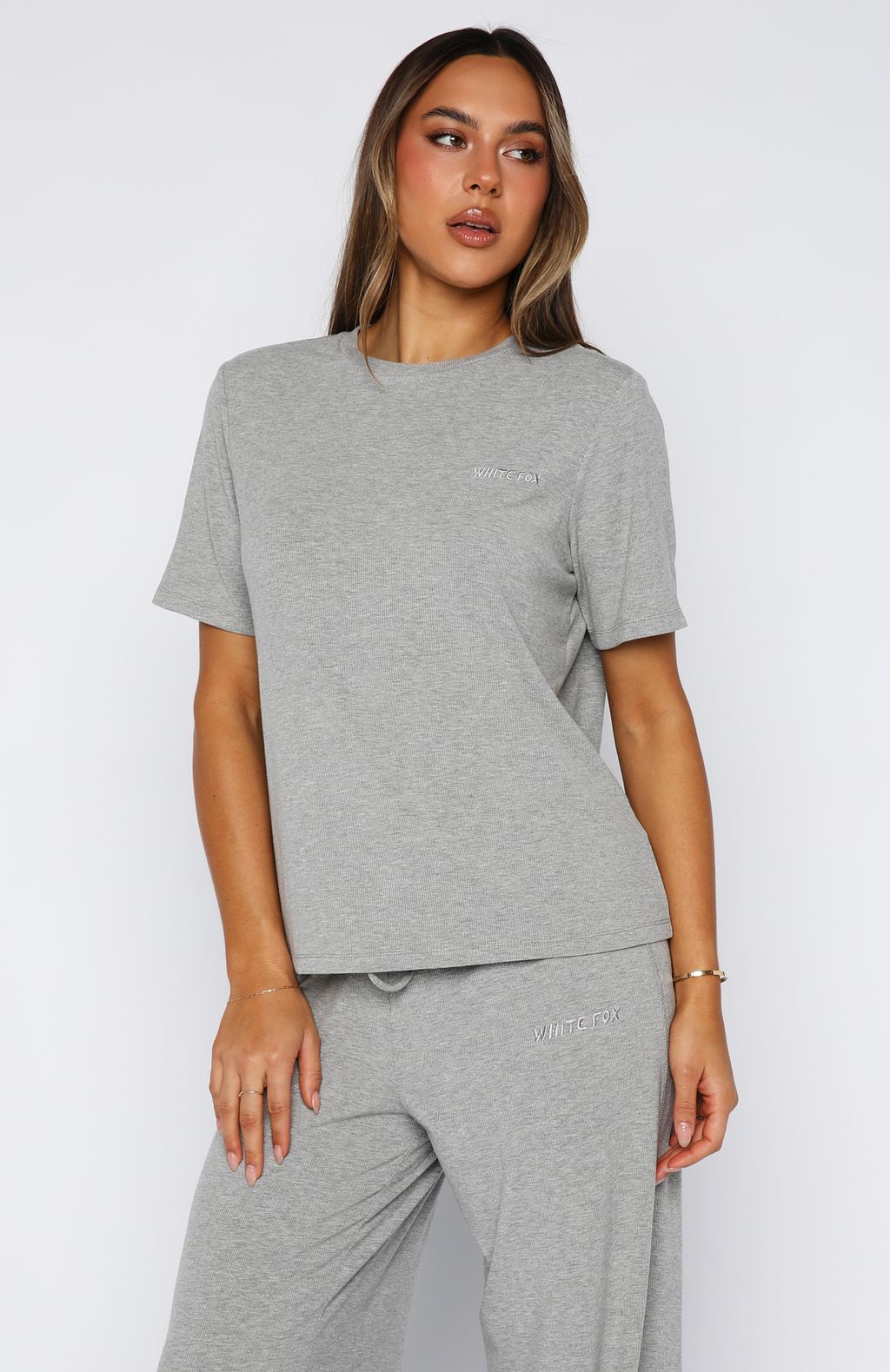 White Fox Come A Long Way Soft Lounge Ribbed Tee Grey Marle