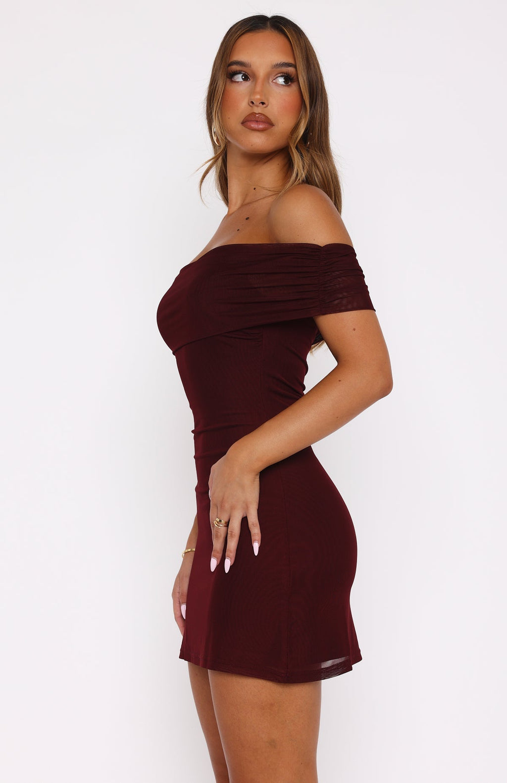 White Fox Got The Talent Off Shoulder Mini Dress Burgundy
